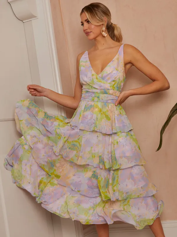 Sleeveless Watercolour Print Midi Dress in Purple sold by Chi Chi London