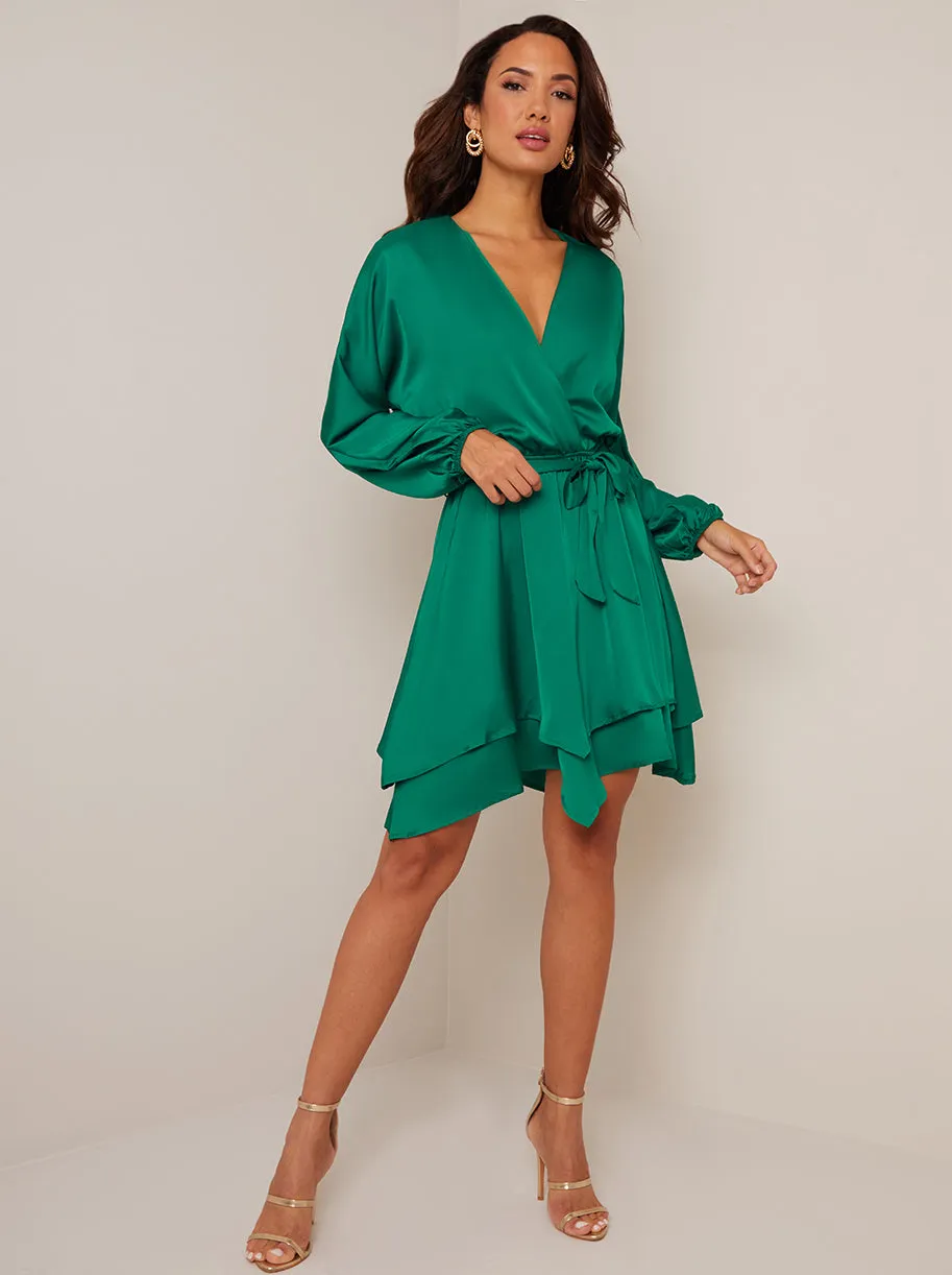 Long Sleeve Satin Wrap Dress in Green sold by Chi Chi London product image thumbnail 2