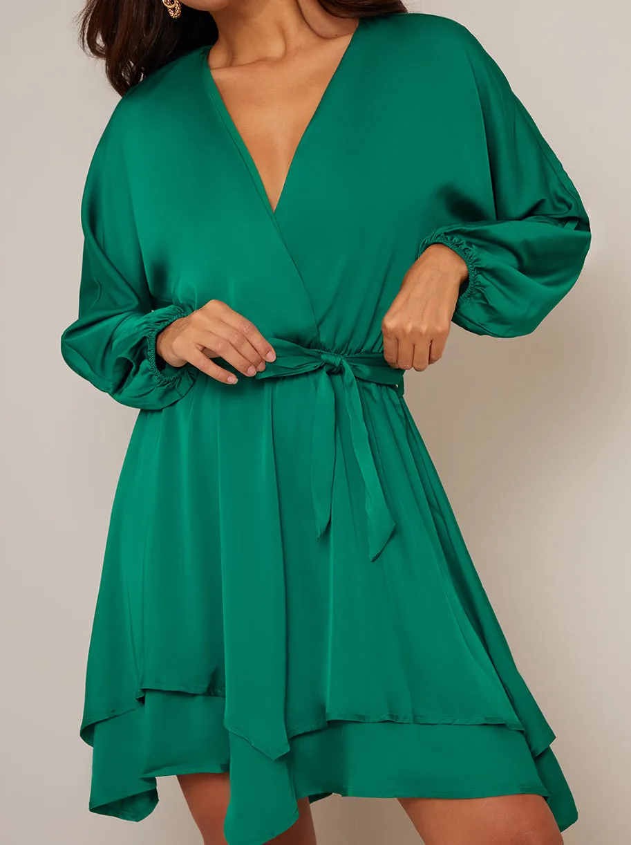 Long Sleeve Satin Wrap Dress in Green sold by Chi Chi London product image thumbnail 3
