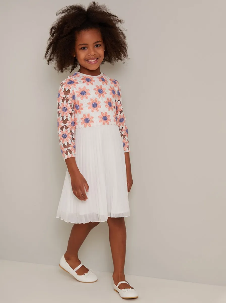 Girls Long Sleeved Lace Bodice Midi Dress in White sold by Chi Chi London