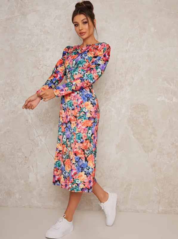 Long Sleeve Floral Print Midi Day Dress in Multi sold by Chi Chi London