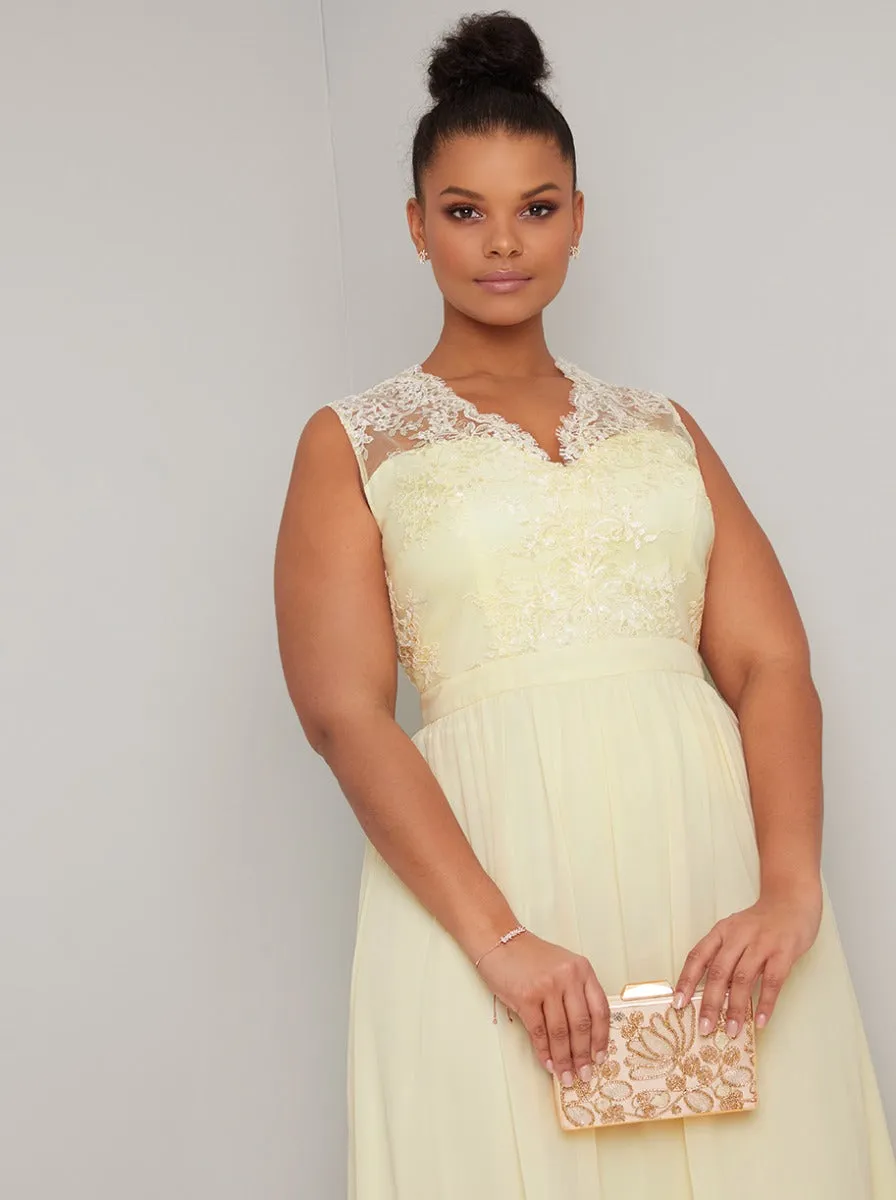 Plus Size Lace Bodice Chiffon Maxi Dress in Yellow sold by Chi Chi London