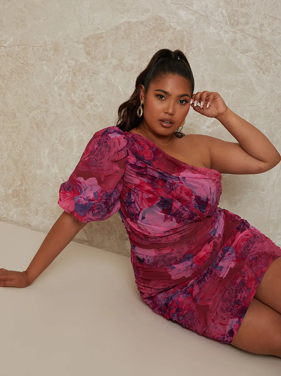 Plus Size Watercolour Print Puff Sleeve Mini Dress in Burgundy sold by Chi Chi London product image thumbnail 2