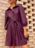Balloon Sleeve Faux Leather Shirt Dress in Purple sold by Chi Chi London