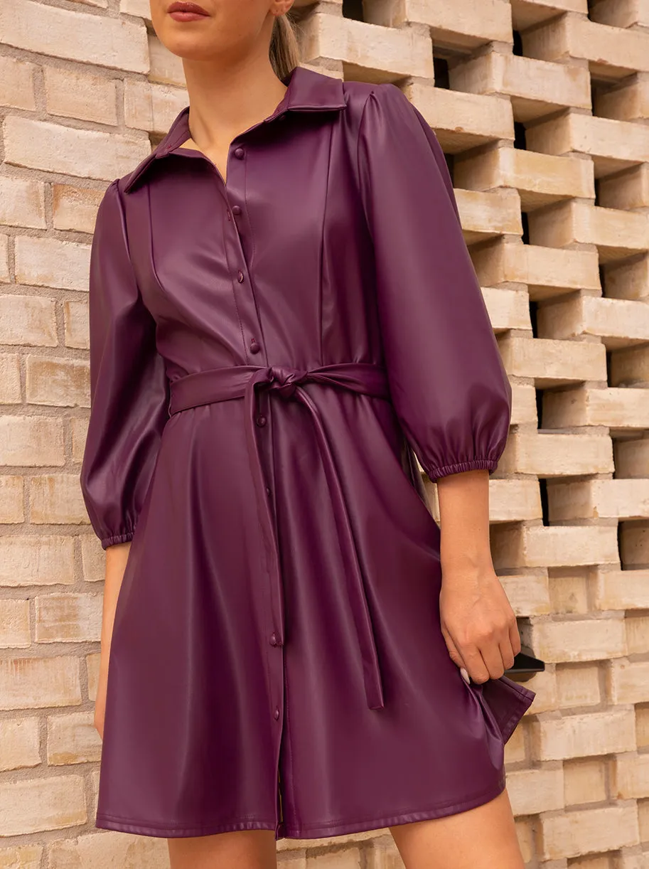 Balloon Sleeve Faux Leather Shirt Dress in Purple sold by Chi Chi London product image thumbnail 4