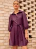 Balloon Sleeve Faux Leather Shirt Dress in Purple sold by Chi Chi London