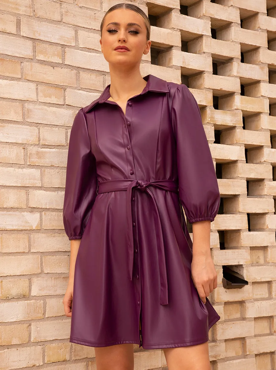 Balloon Sleeve Faux Leather Shirt Dress in Purple sold by Chi Chi London product image thumbnail 2