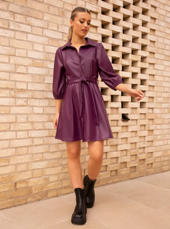 Balloon Sleeve Faux Leather Shirt Dress in Purple sold by Chi Chi London