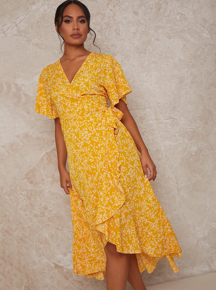 Short Sleeve Wrap Dip Hem Maxi Dress in Yellow sold by Chi Chi London product image thumbnail 3