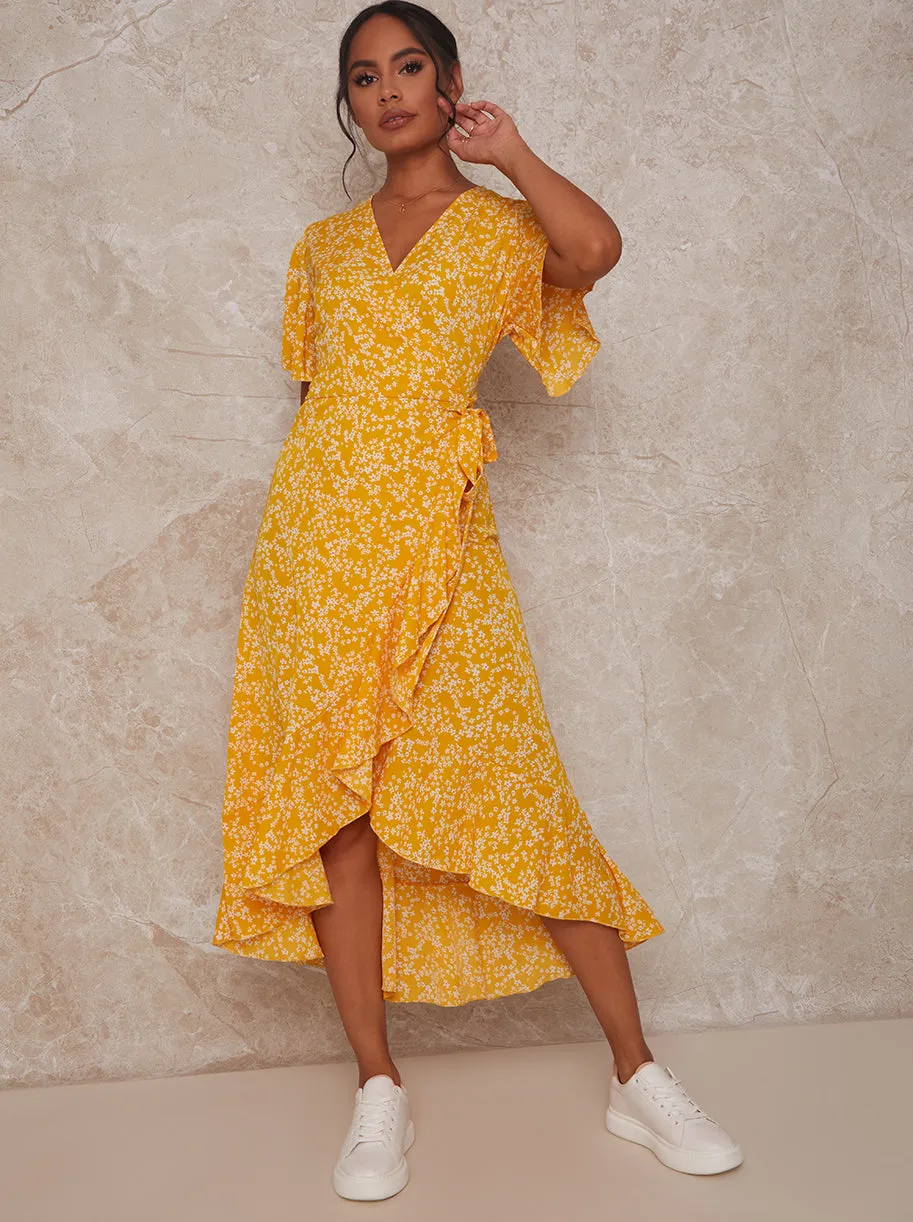 Short Sleeve Wrap Dip Hem Maxi Dress in Yellow sold by Chi Chi London