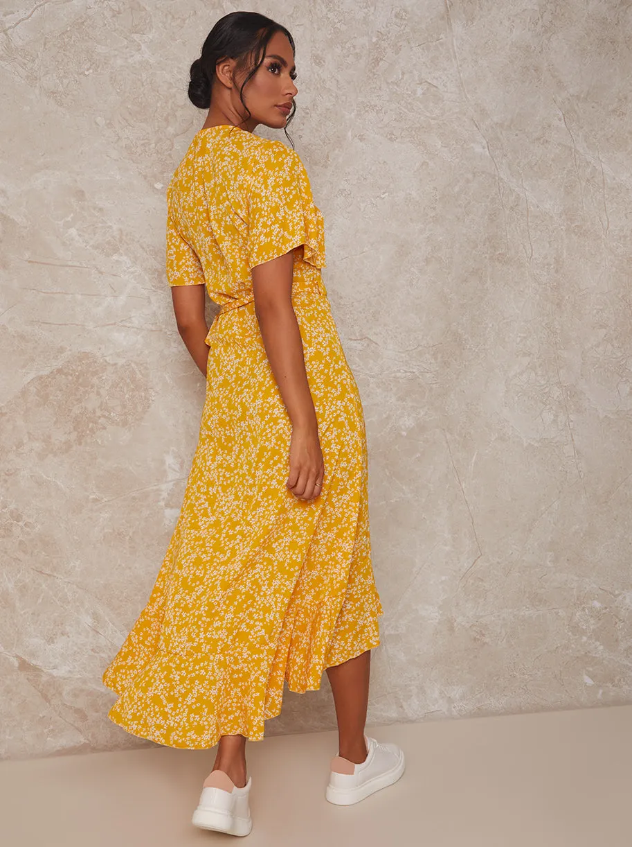 Short Sleeve Wrap Dip Hem Maxi Dress in Yellow sold by Chi Chi London product image thumbnail 4