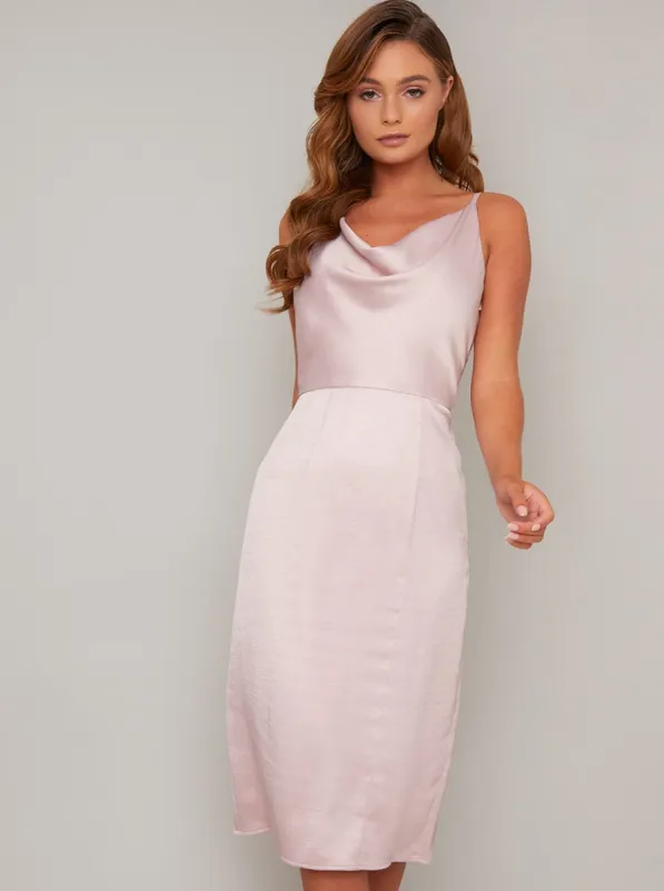 Cowl Neck Satin Slip Midi Dress in Pink sold by Chi Chi London
