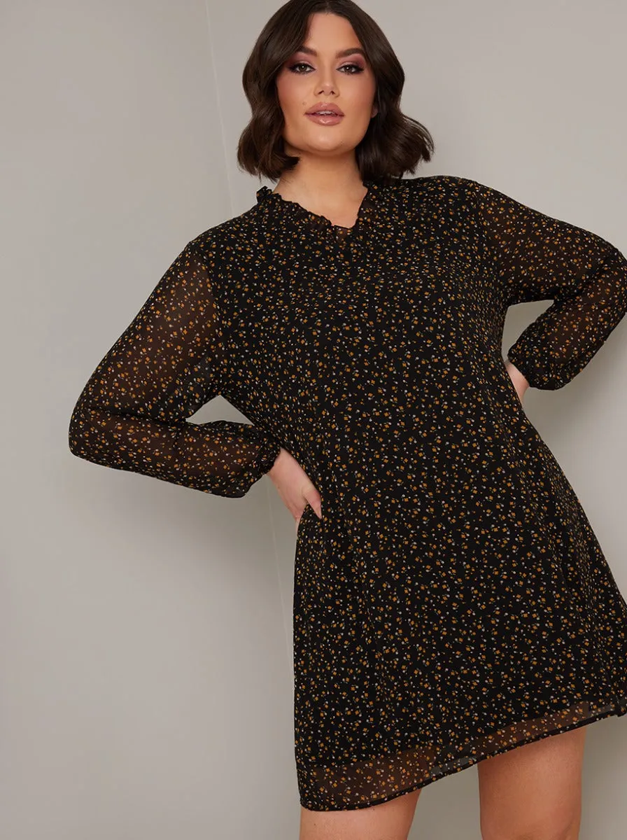 Plus Size Ditsy Print Mini Dress in Black sold by Chi Chi London
