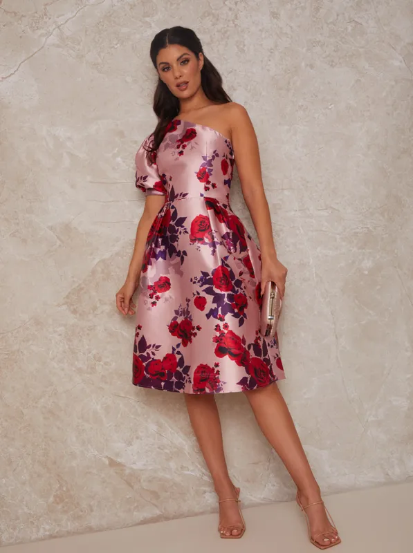 One Shoulder Puff Sleeve Floral Midi Dress in Pink sold by Chi Chi London