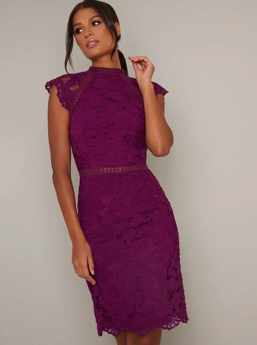 Lace High Neck Bodycon Midi Dress in Red sold by Chi Chi London