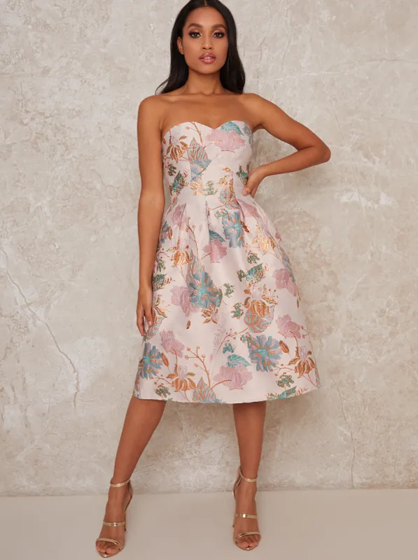 Petite Strapless Jacquard Midi Dress in Pink sold by Chi Chi London