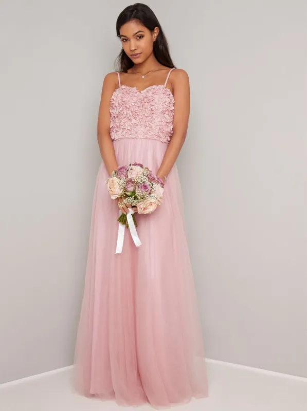 Floral 3D Cami Strap Maxi Bridesmaids Dress in Brown sold by Chi Chi London