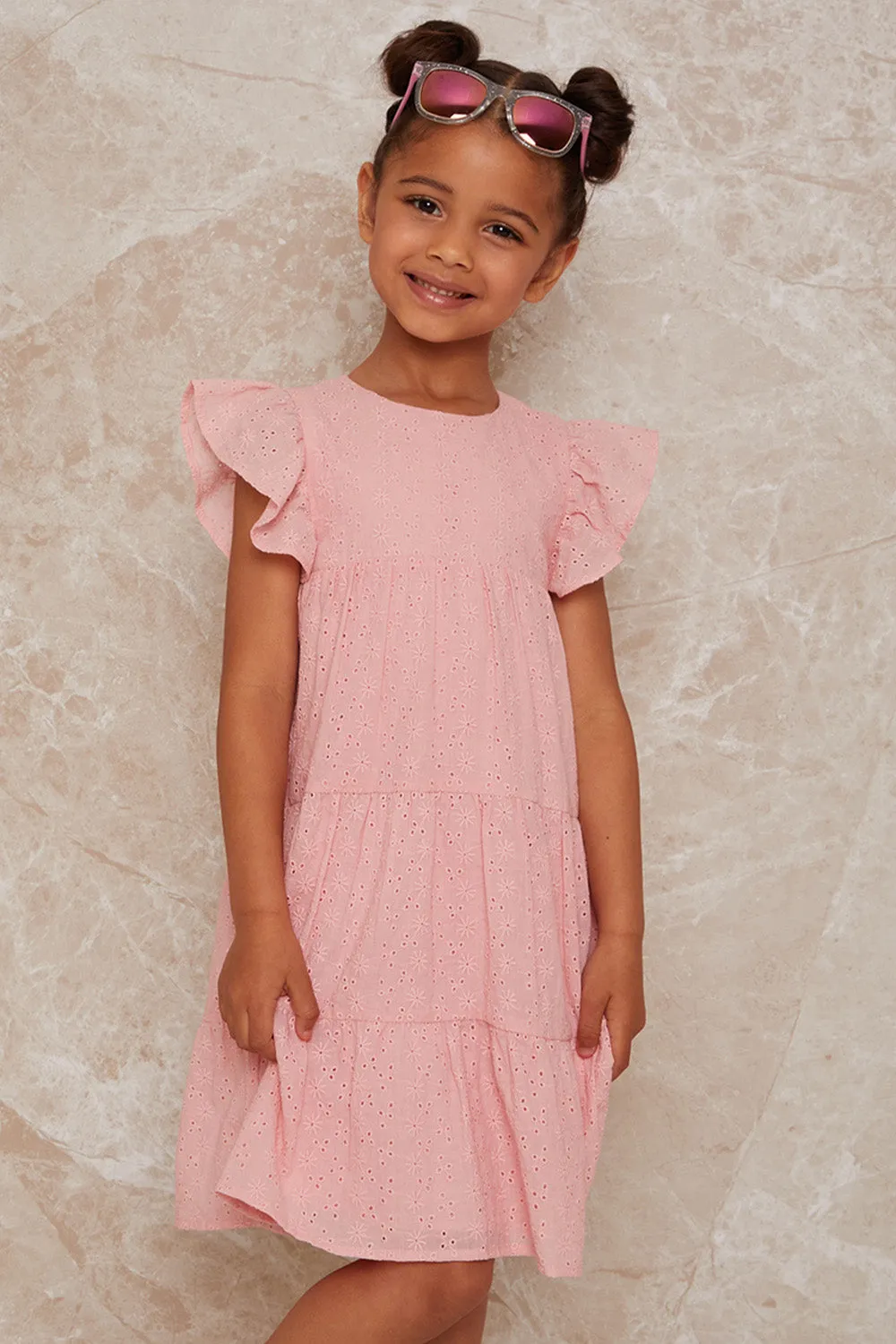 Girls Tiered Broderie Smock Dress in Pink sold by Chi Chi London product image thumbnail 5