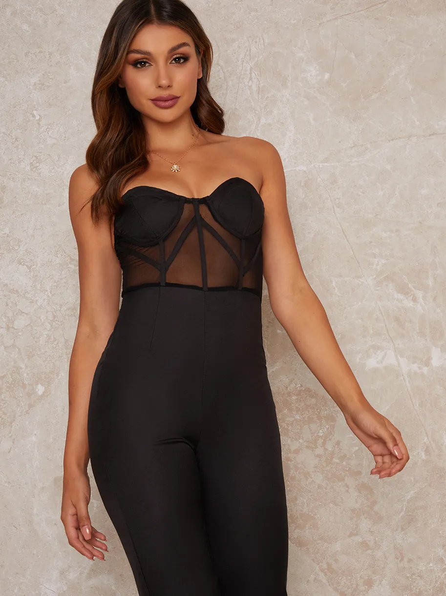 Bandeau Skinny Leg Sheer Bodice Jumpsuit in Black sold by Chi Chi London product image thumbnail 2