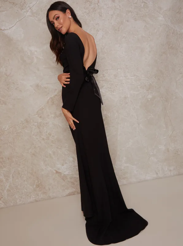 Long Sleeve Backless Maxi Dress with Satin Waist Tie in Black sold by Chi Chi London