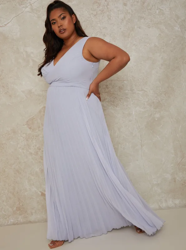 Plus Size V Neck Pleated Maxi Dress in Blue sold by Chi Chi London