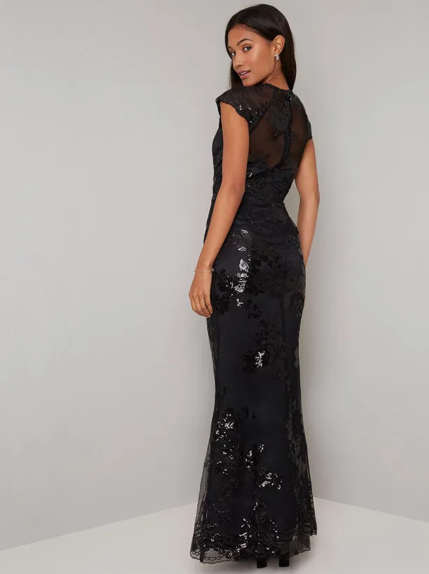 Sequin Embellished Fishtail Maxi Dress in Black sold by Chi Chi London