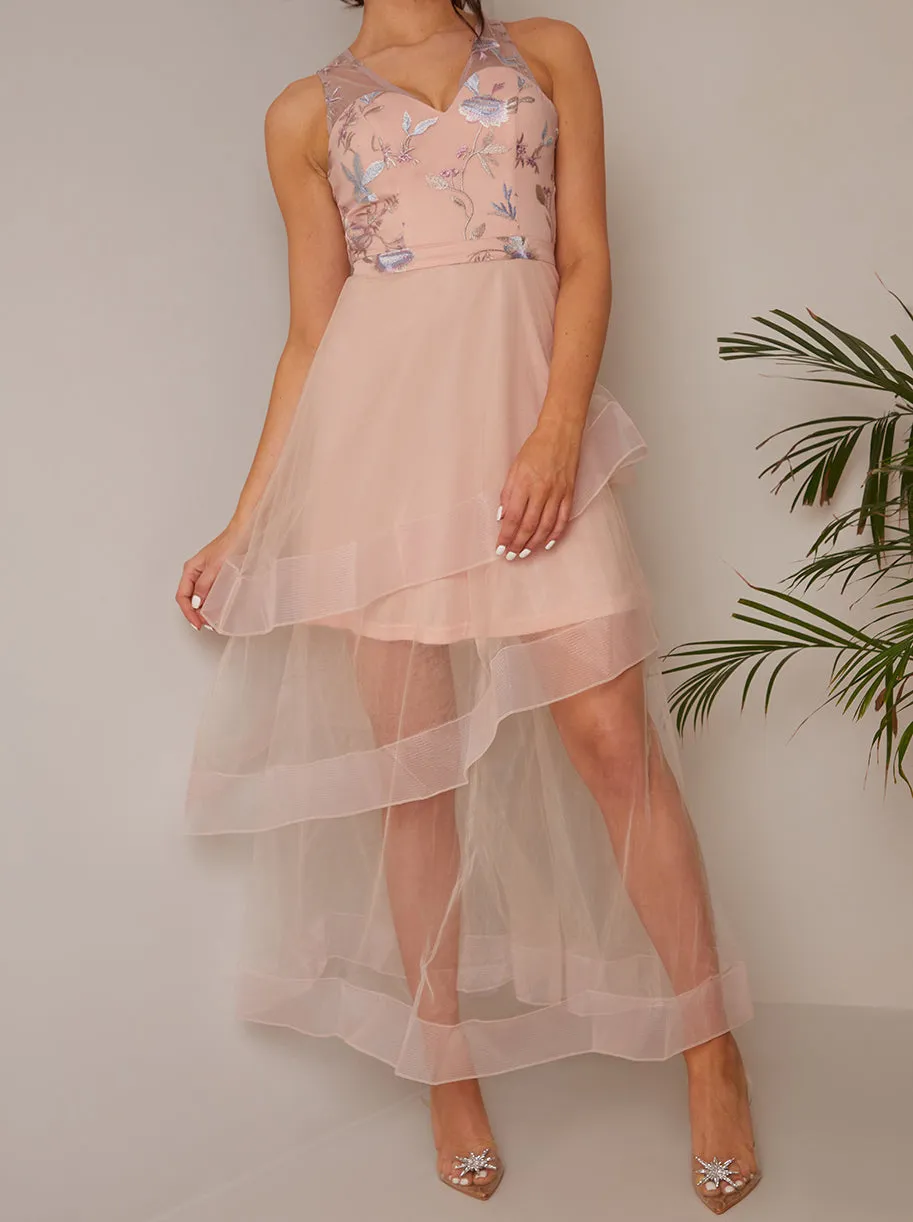 Embroidered Floral Tiered Dip Hem Dress in Pink sold by Chi Chi London product image thumbnail 3