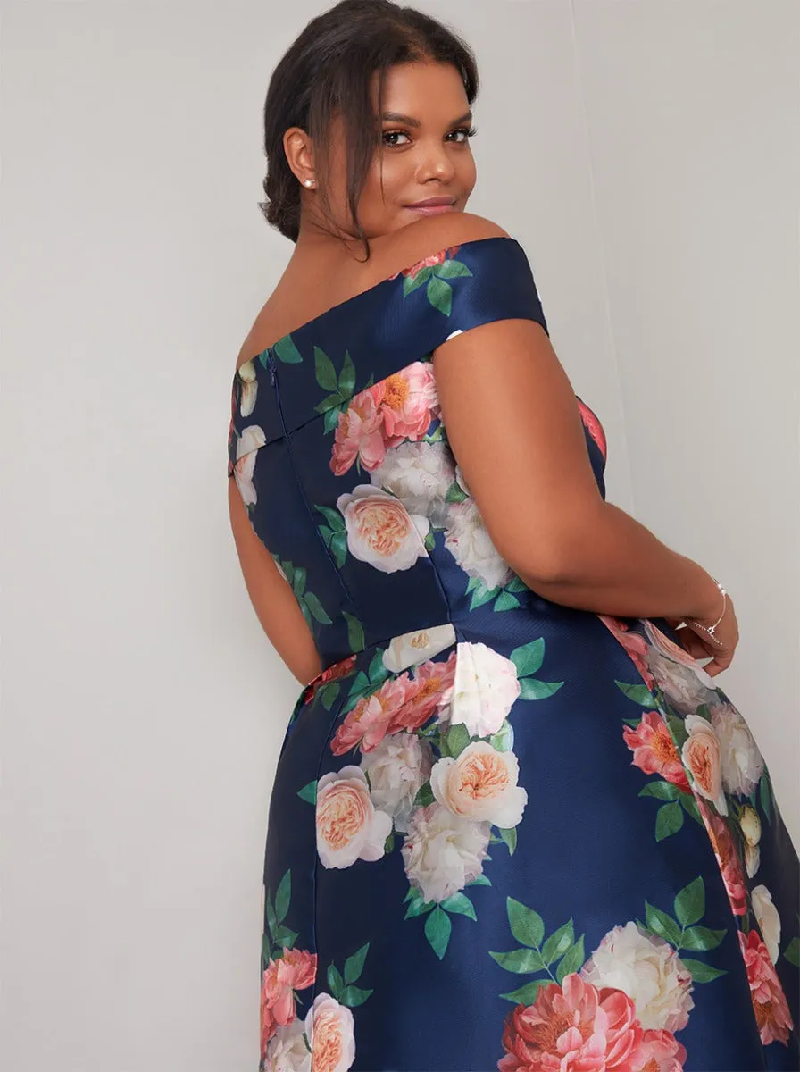 Plus Size Bardot Floral Print Dip Hem Midi Dress in Blue sold by Chi Chi London product image thumbnail 4
