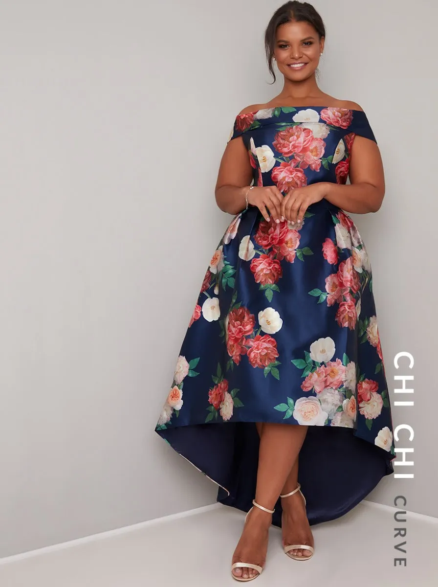 Plus Size Bardot Floral Print Dip Hem Midi Dress in Blue sold by Chi Chi London product image thumbnail 2