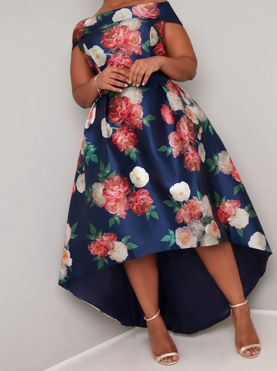 Plus Size Bardot Floral Print Dip Hem Midi Dress in Blue sold by Chi Chi London product image thumbnail 3
