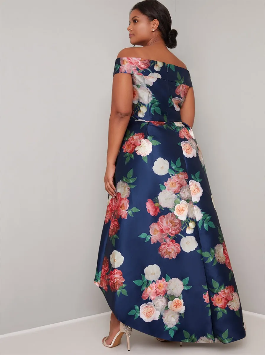 Plus Size Bardot Floral Print Dip Hem Midi Dress in Blue sold by Chi Chi London