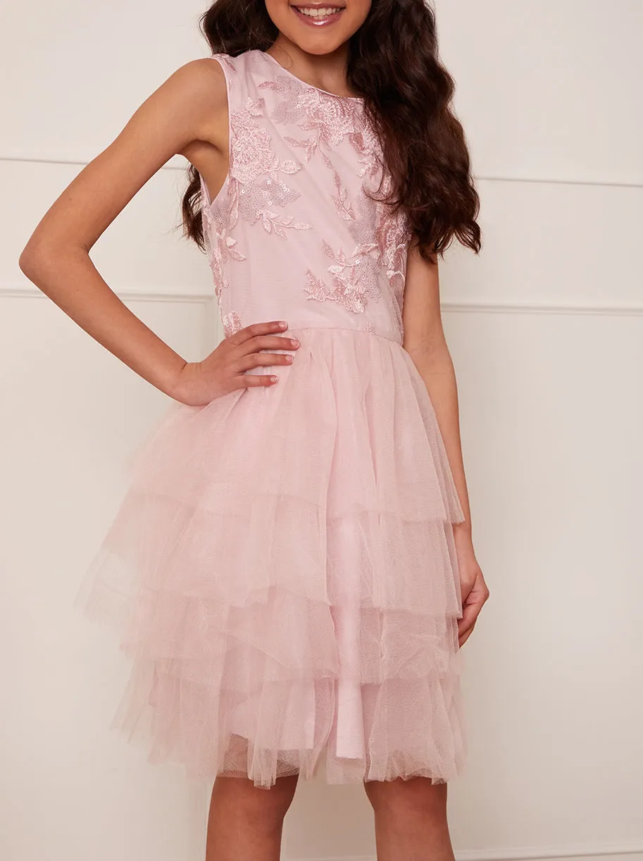 Younger Girls Floral Embroidered Tiered Midi Dress in Pink sold by Chi Chi London product image thumbnail 4