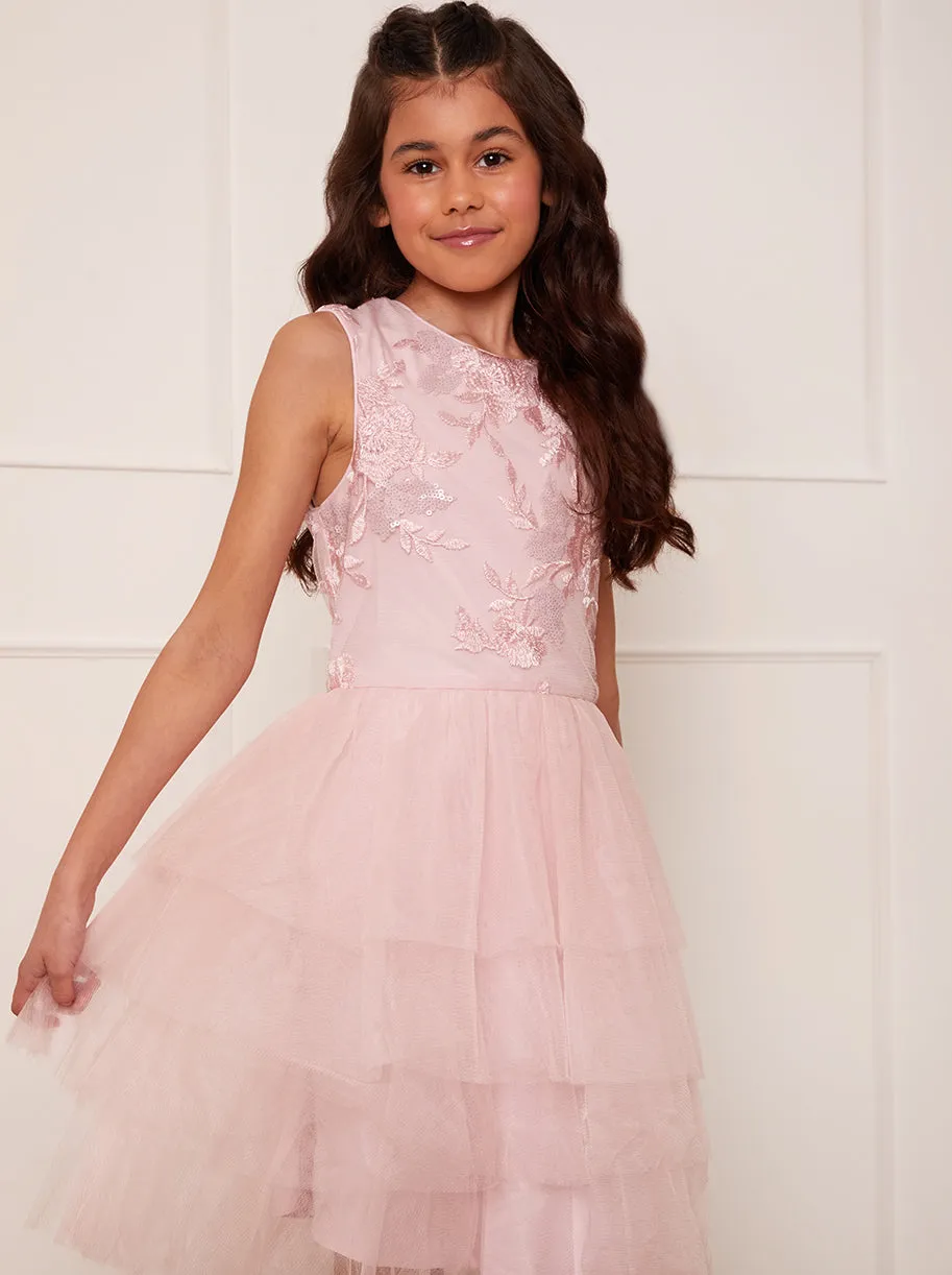 Younger Girls Floral Embroidered Tiered Midi Dress in Pink sold by Chi Chi London product image thumbnail 3