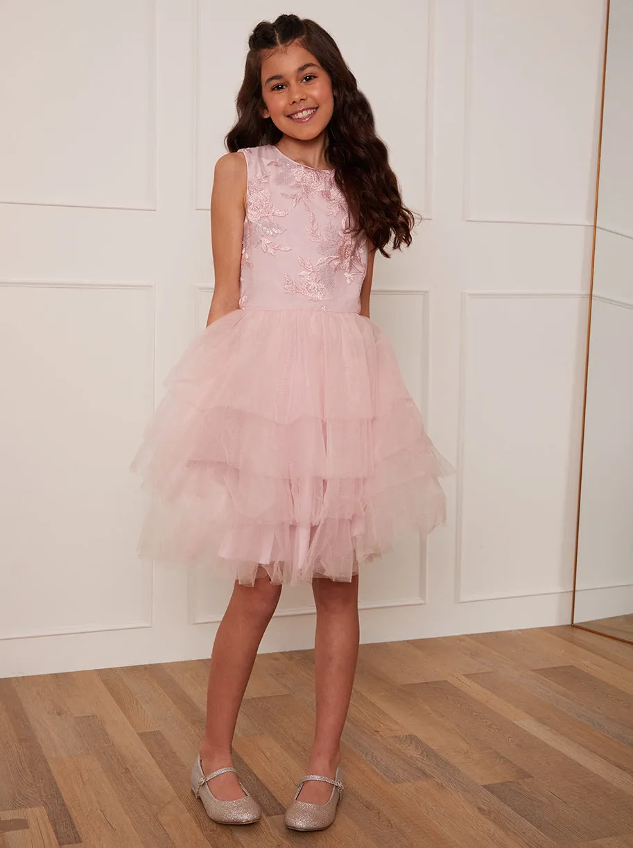 Younger Girls Floral Embroidered Tiered Midi Dress in Pink sold by Chi Chi London