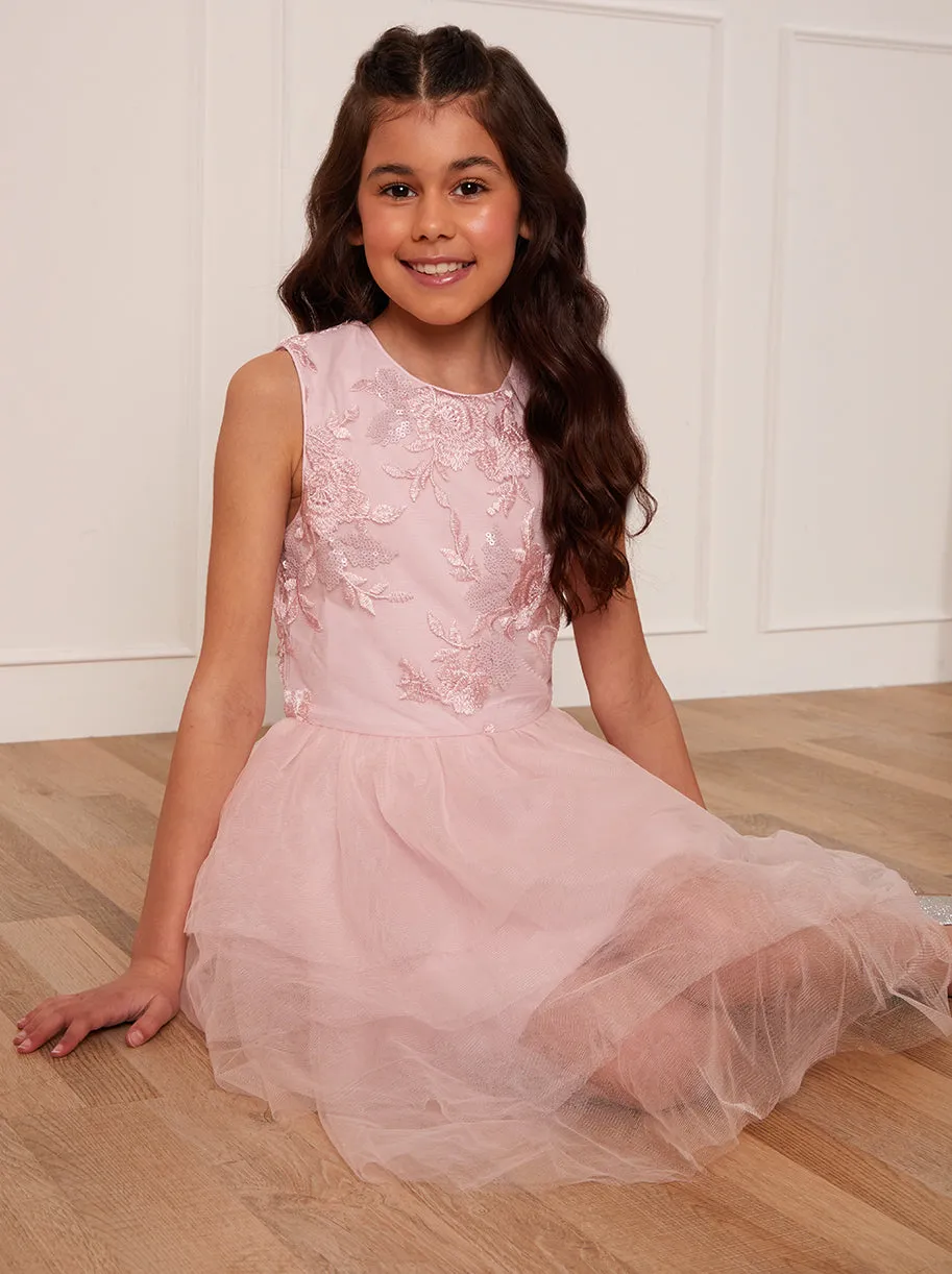 Younger Girls Floral Embroidered Tiered Midi Dress in Pink sold by Chi Chi London product image thumbnail 2