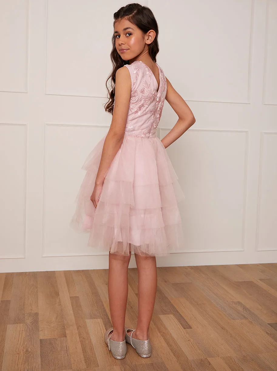 Younger Girls Floral Embroidered Tiered Midi Dress in Pink sold by Chi Chi London product image thumbnail 5