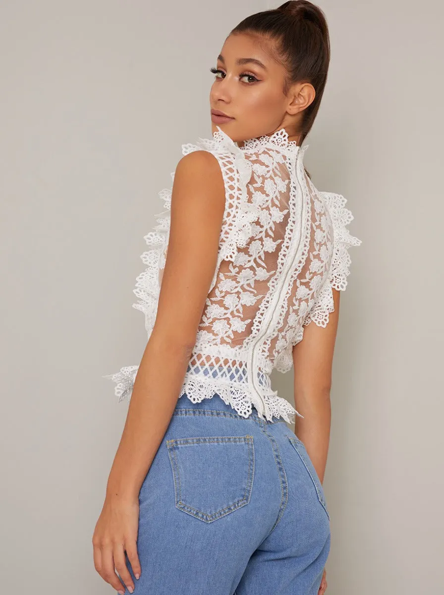 Lace Sheer High Neck Top in White sold by Chi Chi London product image thumbnail 2