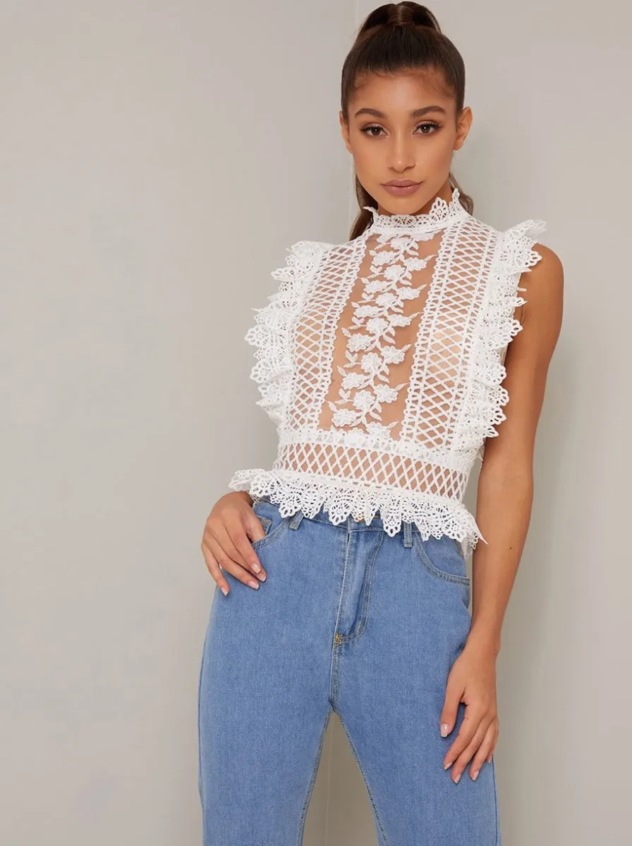 Lace Sheer High Neck Top in White sold by Chi Chi London product image thumbnail 4