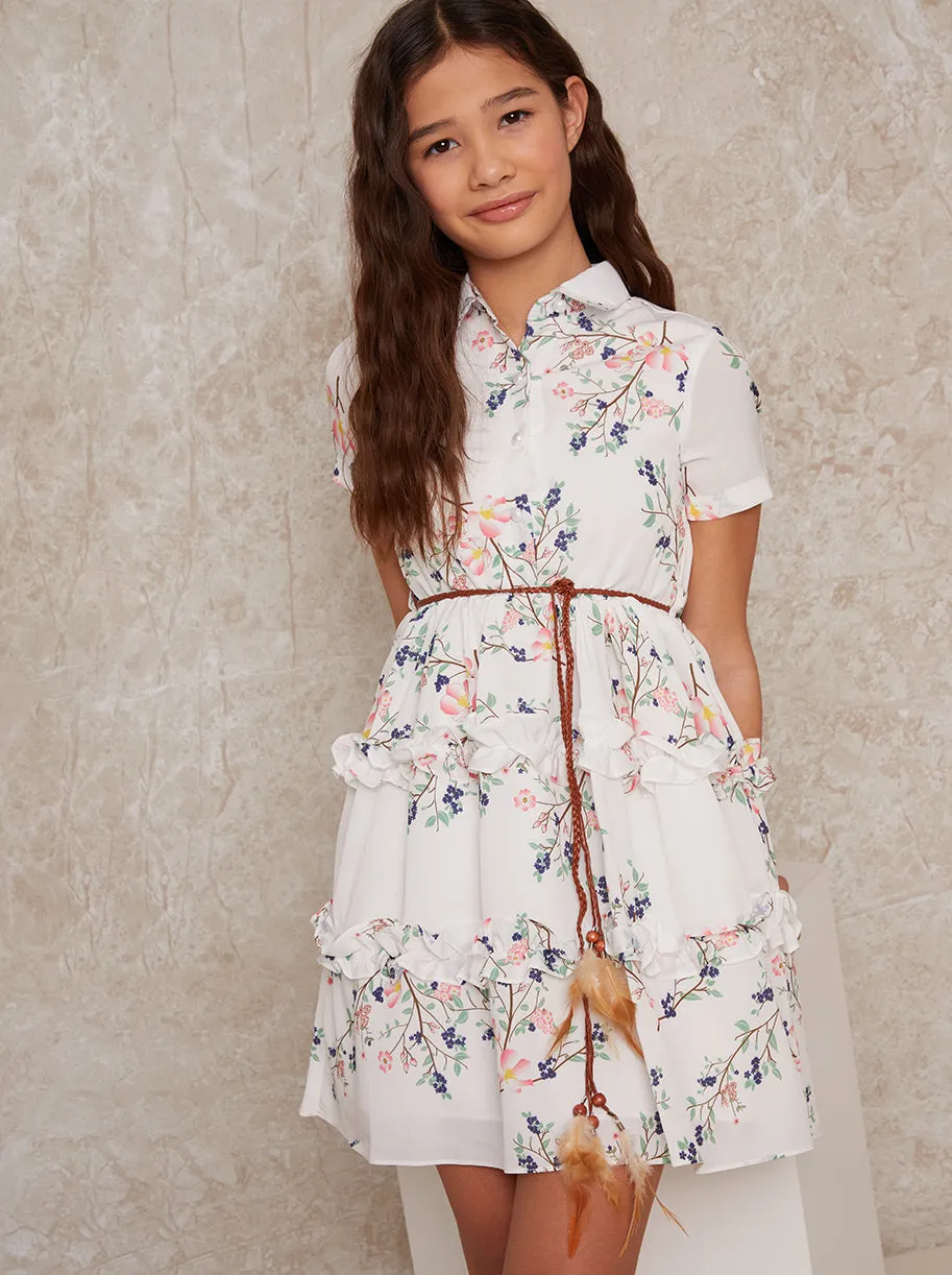 Girls Floral Ruffle Shirt Dress in White sold by Chi Chi London