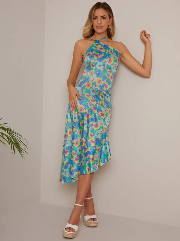 One-Shoulder Floral Asymmetric Hem Midi Dress in Green sold by Chi Chi London