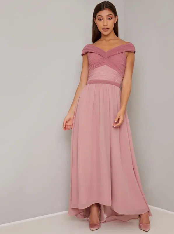 Bardot Ruched Detail Maxi Dress in Pink sold by Chi Chi London