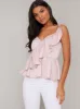 Satin Feel Ruffle Peplum Top in Pink sold by Chi Chi London