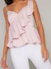 Satin Feel Ruffle Peplum Top in Pink sold by Chi Chi London