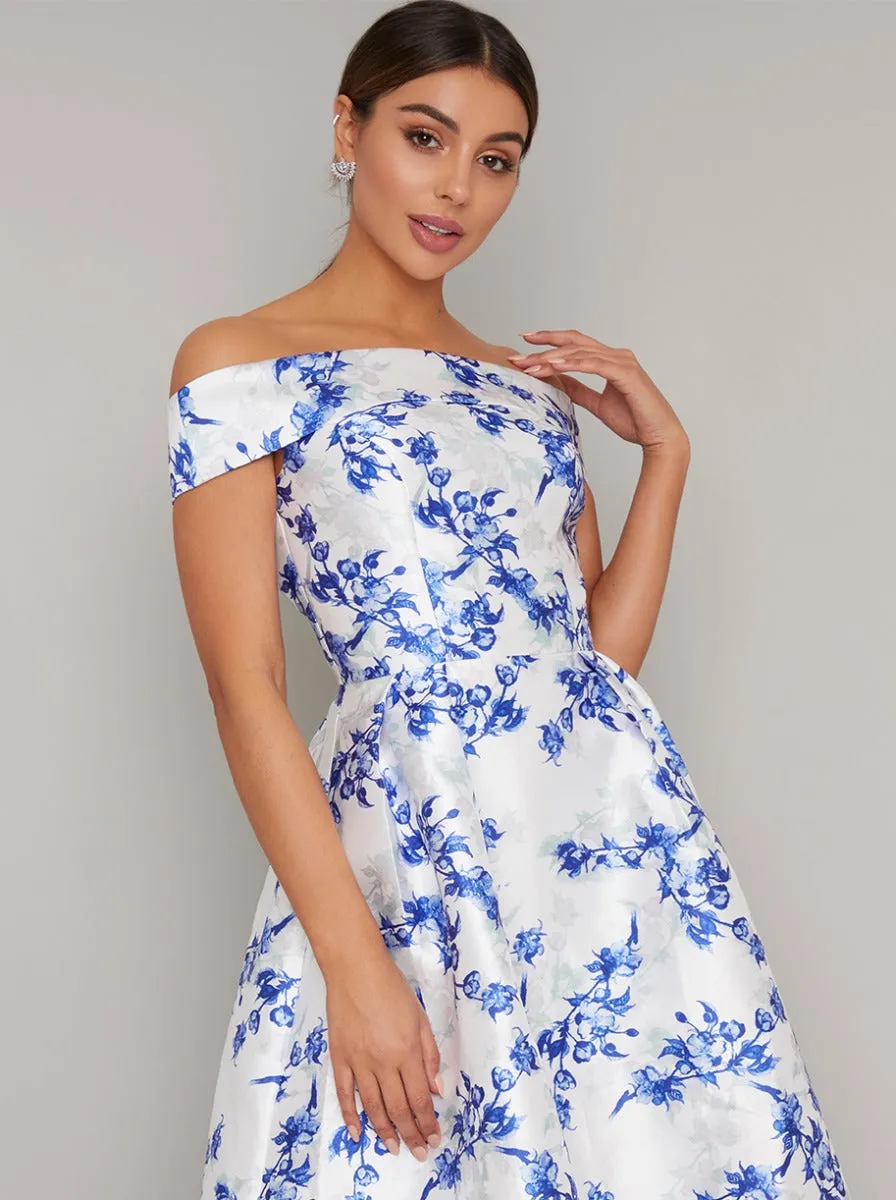 Bardot Neckline Floral Midi Dip Hem Dress in White sold by Chi Chi London product image thumbnail 2