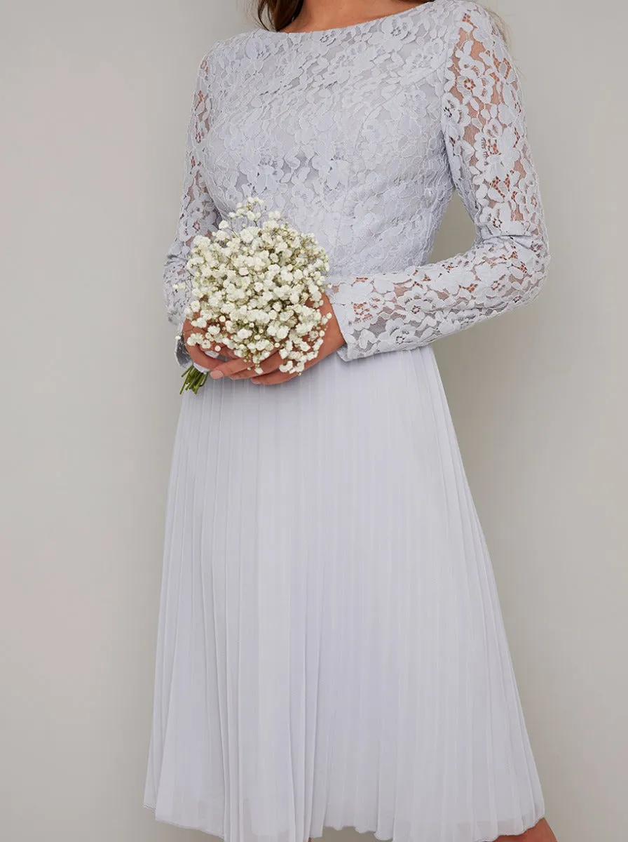 Long Sleeved Lace Bodice Pleated Midi Dress in Blue sold by Chi Chi London product image thumbnail 4