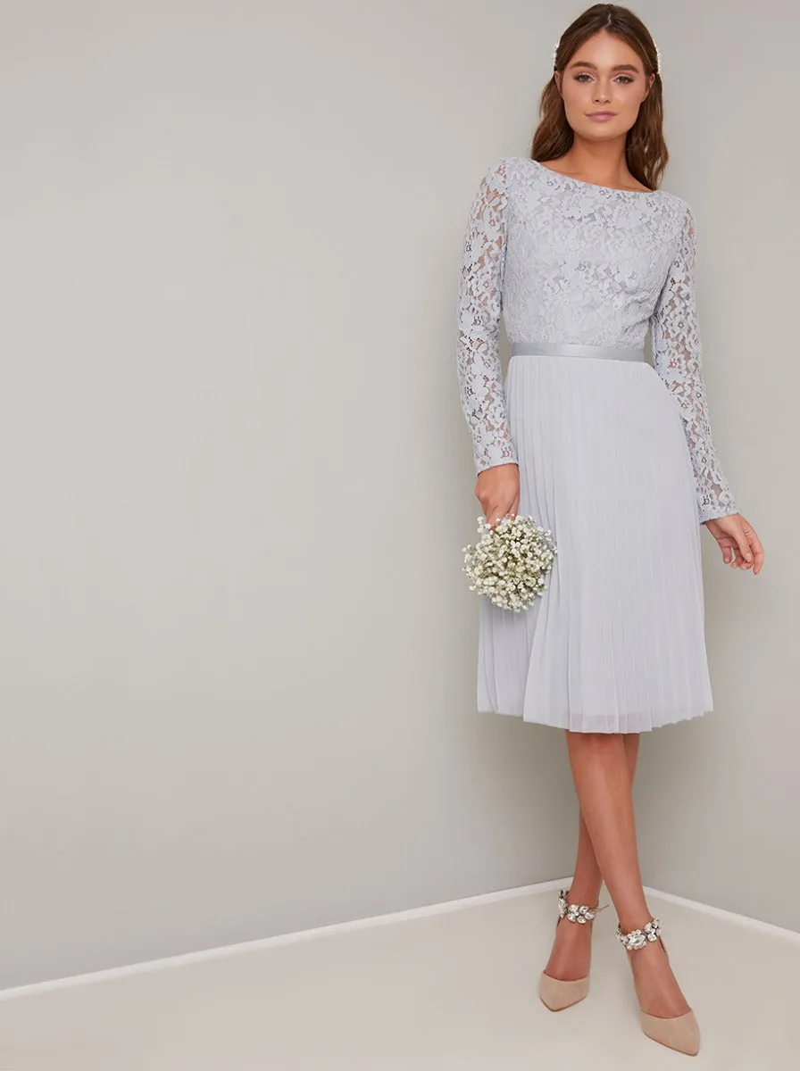 Long Sleeved Lace Bodice Pleated Midi Dress in Blue sold by Chi Chi London