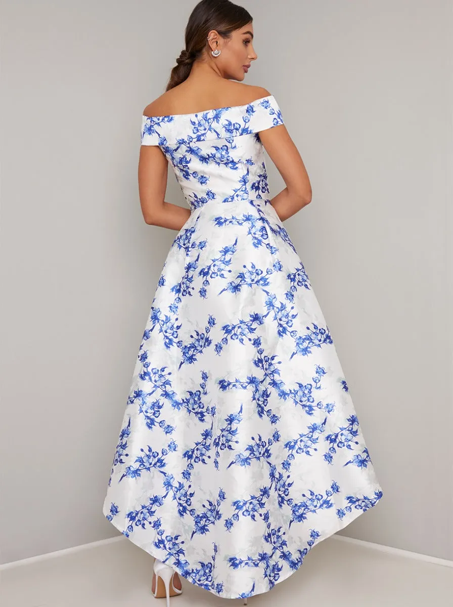 Bardot Neckline Floral Midi Dip Hem Dress in White sold by Chi Chi London product image thumbnail 3