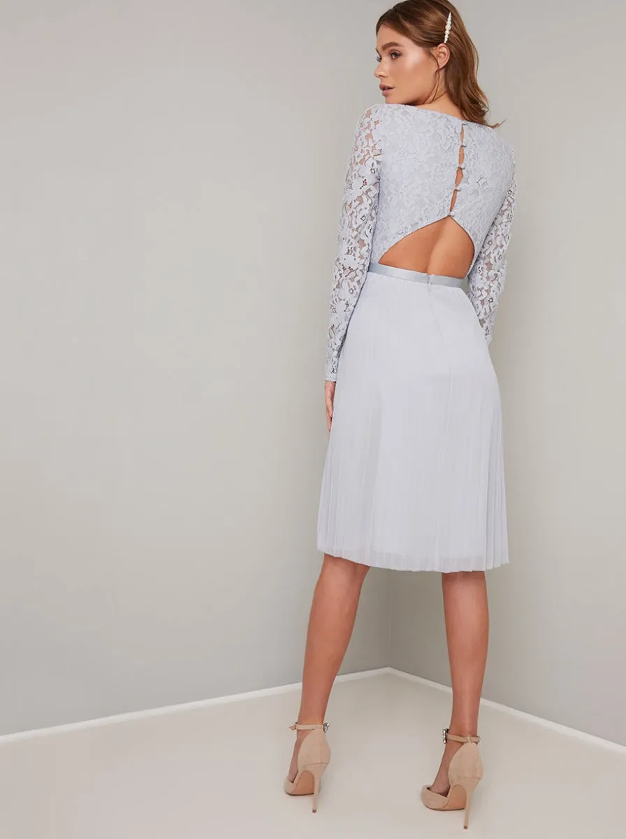 Long Sleeved Lace Bodice Pleated Midi Dress in Blue sold by Chi Chi London product image thumbnail 2