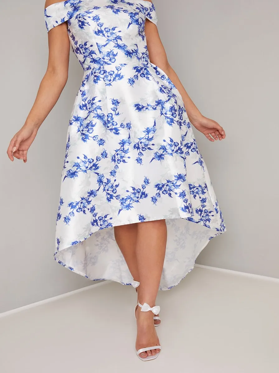 Bardot Neckline Floral Midi Dip Hem Dress in White sold by Chi Chi London product image thumbnail 4