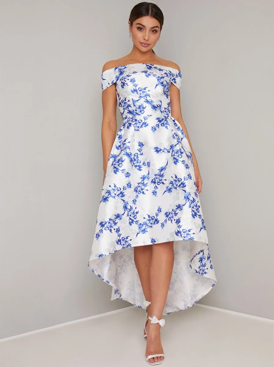 Bardot Neckline Floral Midi Dip Hem Dress in White sold by Chi Chi London